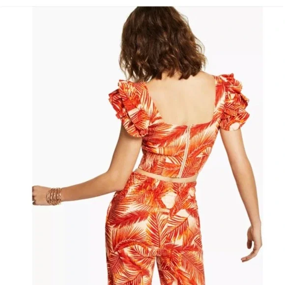 INC International Concepts 2 Piece Set XL Tropical Print Crop Top & Pants Orange - Picture 2 of 11